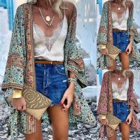 2021Womens Swimsuit Beach Dress Swimwear Boho Beach Cover Up Bikini Chiffon Cardigan Long Sleeve Loose Smock Blouse Top Sexy Pareos