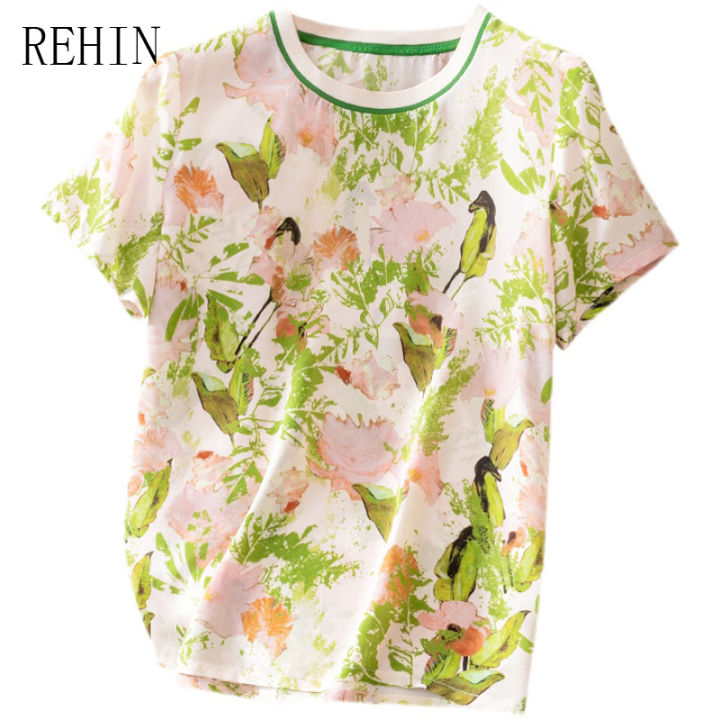 rehin-ผู้หญิง-top-silky-heavyweight-acetate-ซาติน-non-iron-ดอกไม้แขนสั้นเสื้อยืดคอกลมเสื้อ