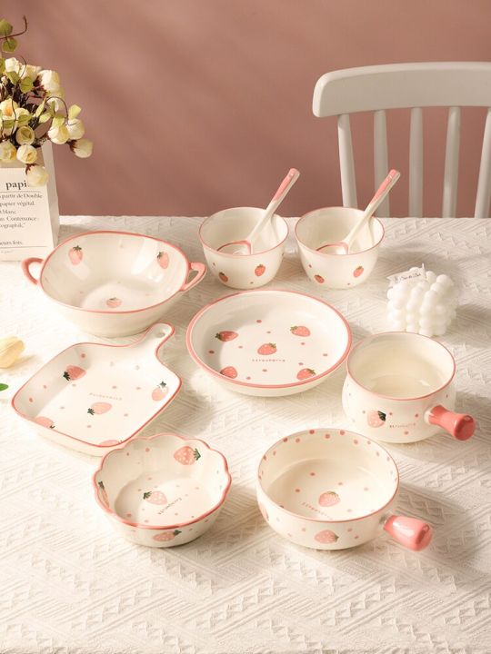strawberry-printed-ceramic-tableware-chic-underglaze-colored-dishes-cute-baby-japanese-style-bowl-plate-container