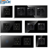 ❡☁✼ Bingoelec Touch Light Switch EU Socket with USB Type-c Interfaces Wall Touch Switches 1/2/3Gang 1Way Glass Panel Blue Backlight