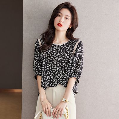 Reduction of age small unlined upper garment of short sleeve chiffon blouse western style beautiful summer thin section 2023 European goods new summer flowers T-shirt