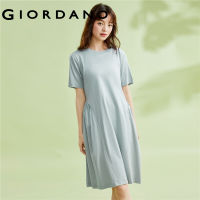 GIORDANO Women Dresses Solid Color Short Sleeve Summer Cotton Dresses Crewneck Pleated Sweet Fashion Casual Dresses 05463461 105