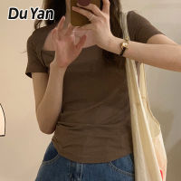 Du Yan เสื้อยืดผู้หญิงปกสี่เหลี่ยมสีขาวแขนสั้นเข้ารูป,เสื้อเสื้อยาวปิดถึงก้น