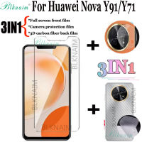 BLKNAIM(3in1) สำหรับ Huawei Nova Y91/ Nova Y71ฟิล์มกระจกนิรภัยใสแบบเต็มหน้าจอ + ฟิล์มเลนส์กล้องถ่ายรูป + ฟิล์มด้านหลังคาร์บอนไฟเบอร์3D