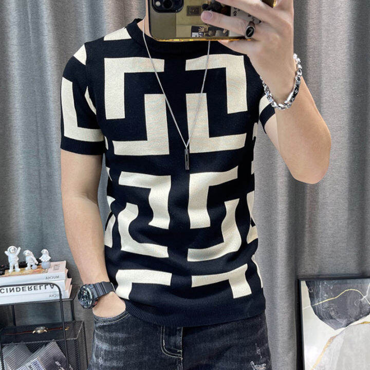 ผู้ชายหรูหราฤดูร้อนถัก-tshirt-2022เกาหลี-o-neck-แขนสั้น-top-tees-streetwear-ชาย-social-club-slim-fit-casual-t-shirt