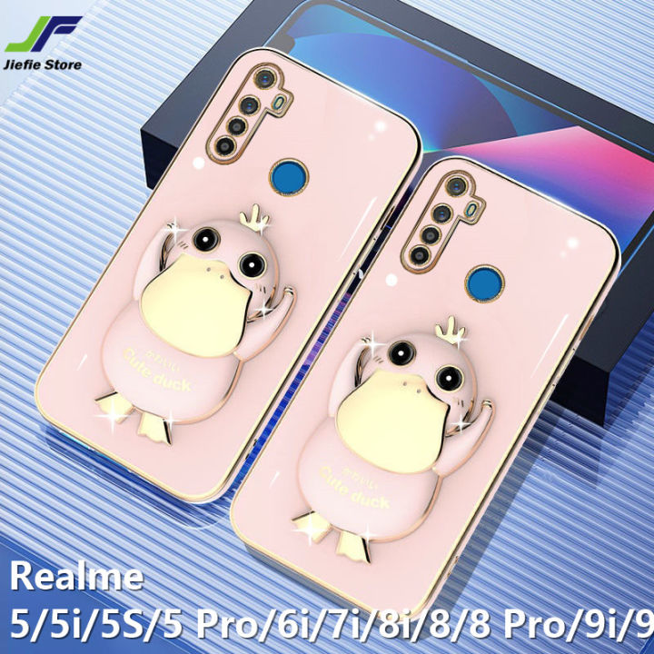 jiefie-เคสโทรศัพท์เป็ดน่ารักสำหรับ-realme-5-5i-6i-5s-5-pro-7i-8i-8-8-pro-9i-9-9-pro-อะนิเมะ-psyduck-กรณีแฟชั่น-chrome-square-ฝาครอบโทรศัพท์-tpu-อ่อนพร้อมขาตั้ง