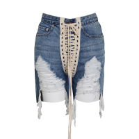 TWOTWINSTYLE Patchwork Cross Strap Denim Womens Shorts High Waist Hole Tassel Streetwear Shorts Female  Summer Fashion New