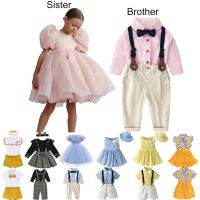 【hot】 Matching Outfits Puffy Boys Shirt Pants Bow 3 Pcs Set and Sister Siblings Fashion Clothing