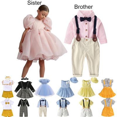 【YF】 Family Matching Outfits Girl Puffy Party Dress Boys Suit Shirt Pants Bow 3 Pcs Set Brother and Sister Siblings Fashion Clothing