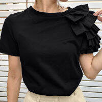 Women Summer Ruffle T-shirt Loose Plain Patchwork Casual Fashion Black White Tees Korean Japanese Office Lady Asymmetric Tops