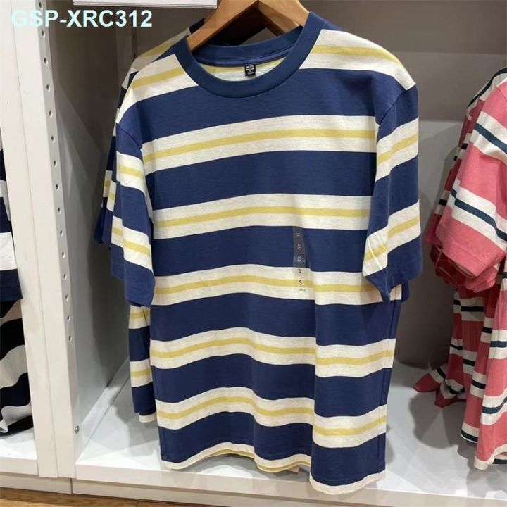 uniqlo-single-u-home-2023-summer-mens-loose-stripe-t-shirt-collar-5-minutes-of-sleeve-leisure-profile-457930-with-short-sleeves