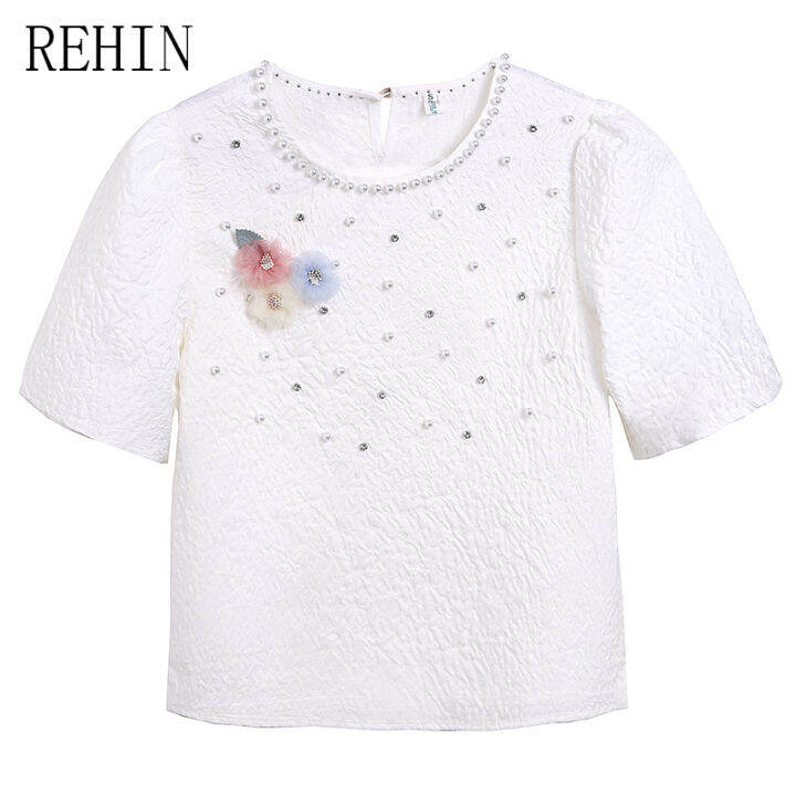 rehin-เสื้อแขนพองสีขาวสำหรับผู้หญิง-เสื้อเสื้อผู้หญิงแขนสั้นแขนพองสีขาวลายดอกไม้ลูกปัดแต่งเล็บเบาหรูหรามาใหม่ฤดูร้อน