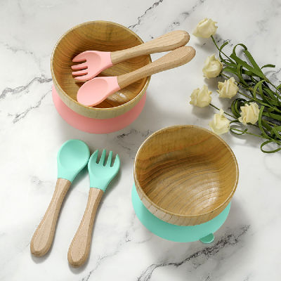 2021Baby Feeding Bowl Spoon Fork Food Tableware Kids Wooden Training Plate Silicone Suction Cup Removable Childrens Dishes Goods