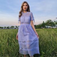 SP221 : Lilac Guipure Lace Midi Dress เดรสลูกไม้