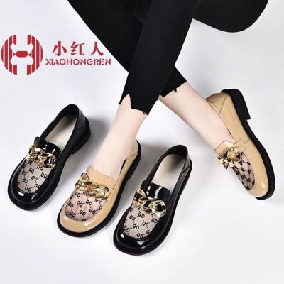 ▩✎ Little Reds Genuine Leather Mesh Hollow Shoes Summer New Style Bright Leather Gold Buckle Loafers Breathable Internet Celebrity DG Womens Shoes