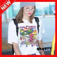 qkq971 เสื้อดาราฮิดกัน Lasaก็มีLisa เดียวกันสีขาวเสื้อยืดลายการ์ตูนแขนสั้นฉบับภาษาเกาหลีสำหรับนักเรียนเสื้อยาวปิดถึงก้นฤดูร้อน