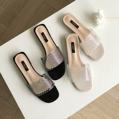 [ccomccomshoes] Ariel Cubic Mash Mule Slippers (2 cm)-Its a mule slipper Clear transparent fabric creates a sophisticated vibe