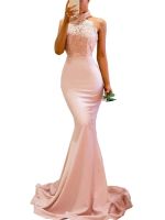 Womens Long Dresses Lace Split Turtleneck Bodycon Slim Sleeveless Pink Ball Evening Party Dress