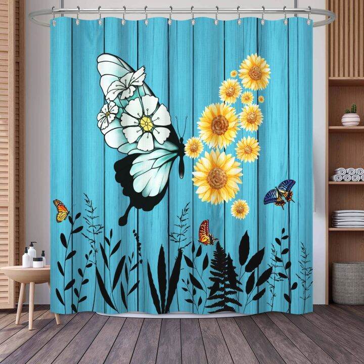 cyan-wood-flowers-thick-waffle-butterfly-stripe-shower-curtain-waterproof-shower-curtain-simple-hook-bathroom-tub-shower-cover