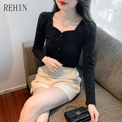 REHIN Women S Top French Square Neck Long-Sleeved T-Shirt Autumn New Slim And Thin Bottoming Shirts