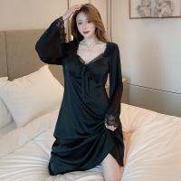 Black Satin Long Nightgown Women Sexy V-Neck Retro Sleepwear Sweet Lace Bow Trim Nightdress Spring Autumn Full Sleeve Home Dress