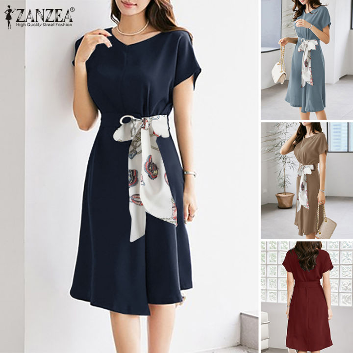 สินค้ามาใหม่-จัดส่งฟรี-fancystyle-zanzea-ชุดเดรสสไตล์เกาหลีของผู้หญิงลายดอกไม้ปะติดชุด-midi-ผ่าหน้า-ol-ทำงานซิปหลังชุดเดรสเรียบง่าย-11