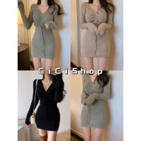 Cici(70139)Basic MiniDress เดรสสั้นไหมพรมกิมมิคเชือกรูดด้านหน้า ผ้าเทกเจอร์ทอร่อง สวยสไตล์เกาหลี