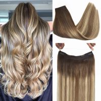 Invisible Wire Hair Extensions Human Hair Balayage Hairpiece Fish Line Fusion Real Natural Hair Extensions with Transparent Line Wig  Hair Extensions