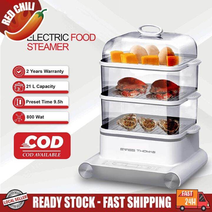 REDCHILI Electric Food Steamer 3 Tier 21L with Transparent Cover
