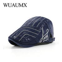 WUAUMX ฤดูใบไม้ผลิใหม่ผู้ชาย Beret หมวกลายแบน Peaked หมวกผู้หญิงล้าง Denim Herringbone หมวก Visors ปรับ Gorras Hombre