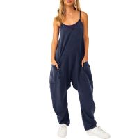 (ร้อน) Casual หลวม jumpsuit ผู้หญิงสปาเก็ตตี้ยาว camis ฤดูร้อนผ้าฝ้ายลินินสายคล้องคอกางเกงขากว้าง overalls sleevelesss Jumpsuits