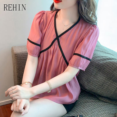 REHIN ผู้หญิงฤดูร้อนใหม่เกาหลีรุ่น V คอสี Blocking แขนสั้นเสื้อ Webbing Patchwork หลวม Elegant เสื้อ