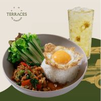 [E-voucher] Terraces De Bangkok / เทอเรสซ์  ณ บางกอก - ข้าวผัดกะเพราหมู-ไข่ดาวกรอบ (เปลี่ยนเป็นข้าวเบายอดม่วง + 10 บาท) + น้ำเก๊กฮวย