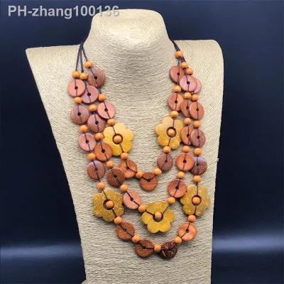 Ethnic Customs Multi Layer Handmade Big Bead Wood Necklace Pendant Leather Chain Adjust Bohemian Wooden Jewelry Vintage Collar