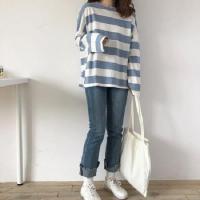 COD dhdfxcz 3 Colors Fesyen Korean Plus Size Blouse Women Blouse Loose Striped Women Cotton Tops Long Sleeve Blaus Tops Y649