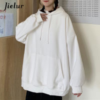 Jielur Simple Loose Hooded Hoodies Women All-match Warm Sweatshirts Female Pocket White Classic Sweatshirt Solid Color Pullovers