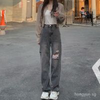 ☎[Spot]Spring RbfRipped Straight Jeans Female Online Influencer High Waist All-Matching Loose Slimming and Wide Leg Mop Trousers Tide