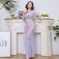 Women y Oriental Belly Dance Costume Set Top&amp;Skirt Dancer Performance Practice Clothes Suit Net yarn Irregular Long Skirt