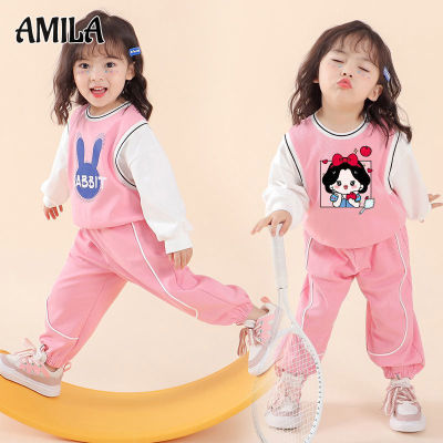 AMILA ชุดสองชิ้นแขนยาวแขนยาวเด็ก,ชุดสองชิ้นและกางเกงชุดเสื้อกางเกงพิมพ์ลายแฟชั่นใหม่สำหรับเด็กผู้หญิง