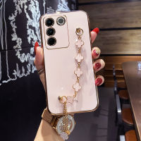 COROGI เคสสำหรับ Vivo V27 / V27e พร้อมสายรัดข้อมือ Lucky Clover กำไลข้อมือหรูหรากันกระแทกเคสมือถือขอบสี่เหลี่ยมปลอกด้านหลังป้องกันซิลิโคนนิ่ม