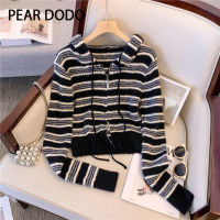 PEAR DODO เสื้อเสื้อคาร์ดิแกนแขนยาวสั้นลายทางมีฮู้ดสไตล์เกาหลีสำหรับผู้หญิง