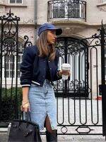 Womens Dark Blue Cropped Baseball Jacket Stripe Stitching Pockets Coats With Buttons 2023 Spring Ladies Streetwear Chic Clothes