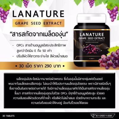 Lanature Grape Seed Extractสูตรใหม่เข้มข้นกว่าเดิม ลาเนเจอร์ อาหารเสริมเพื่อผิวสวย สารสกัดจากเมล็ดองุ่นพันธุ์ดี (30 เม็ด / 1 กระปุก)