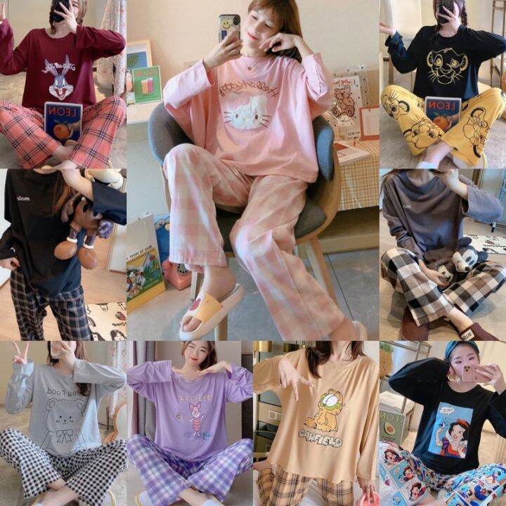 sale-พร้อมส่ง-มาใหม่-ชุดนอน-ชุดนอนลายการ์ตูน-เสื้อแขนยาว-กางเกงขายาว