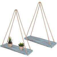 2Pcs ขายดีแขวนผนังเซ็ตชั้นวางของของ Teal Blue ไม้สีทะมึนเชือกปอชั้นลอย,Farmhouse Organizer Rustic Home Dec