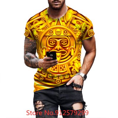 เสื้อยืดระบายอากาศได้ดีและสวมสบายเสื้อลำลองสีทองเม็กซิโกแบบ3มิติปฏิทิน Aztec ย้อนยุคยอดนิยมเสื้อยืดผู้ชาย