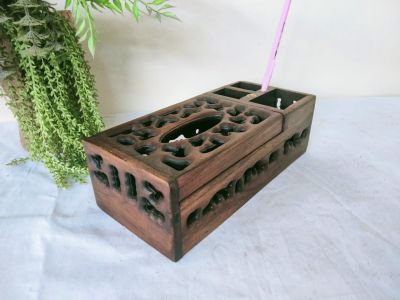 กล่องไม้สักแท้ กล่องไม้ใส่ทิชชู กล่องอเนกประสงค์ กล่องไม้สักลายฉลุทำสีโอ็คกลางขัดเงาสวยงามแข็งแรงใช้งานง่าย