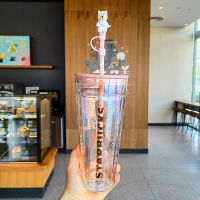 Starbuck Straw Cup ผงสีเทาแก้ว Bright Diamond Gradient ความจุขนาดใหญ่ถ้วยน้ำทนความร้อน Pink Girl S Heart