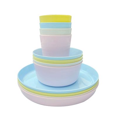 12 Piece Plastic Dinnerware Set, Reusable BPA Free 4 Cups, 4 Bowls and 4 Plates Student Dinnerware Sets Kitchen Tableware
