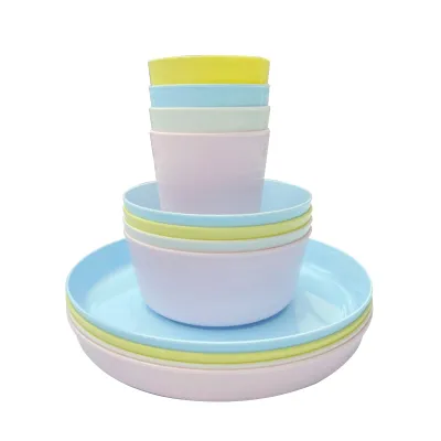12 Piece Plastic Dinnerware Set, Reusable BPA Free 4 Cups, 4 Bowls and 4 Plates Suitable for Toddlers, Kids, Children, and C7AC